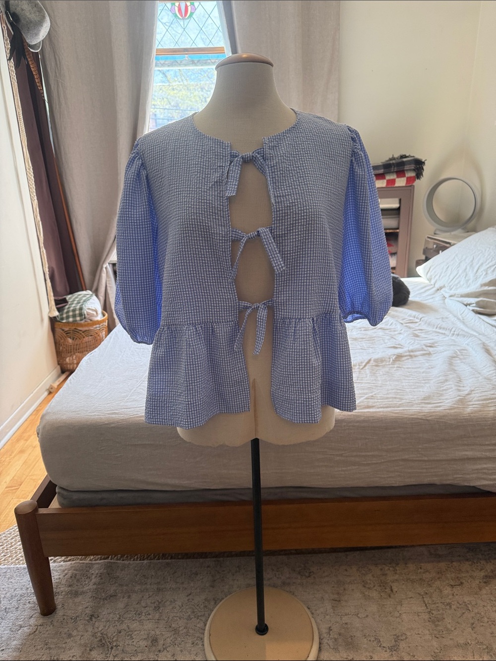 Light Blue Gingham Tie-Front Peplum Blouse